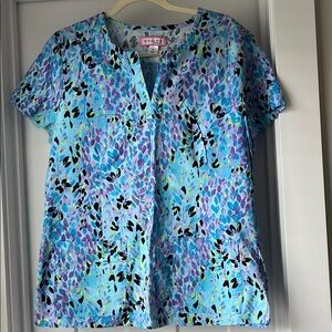 Koi Blue, purple and multicolored scrub top size large